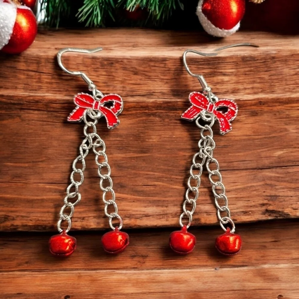 Holiday Festive Bow Bell Dangle Earrings